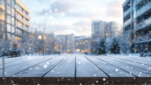 Empty Wooden Table Covered in Frost with Blurred Winter Cityscape Background