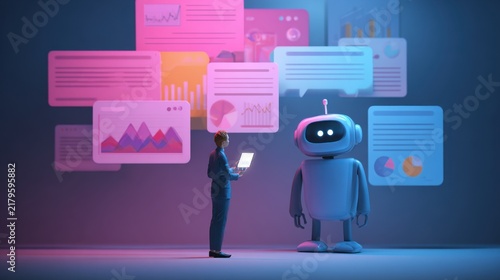 Businessperson interacting with a robot in a digital data workspace