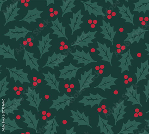 Elegant seamless botanical pattern with holly leaves and red berries on a dark green background. Perfect for Christmas wrapping paper, festive fabric, holiday stationery, gift packaging and winter dec