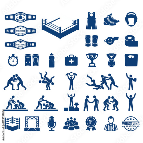 Wrestling icon set with equipment and athlete silhouettes