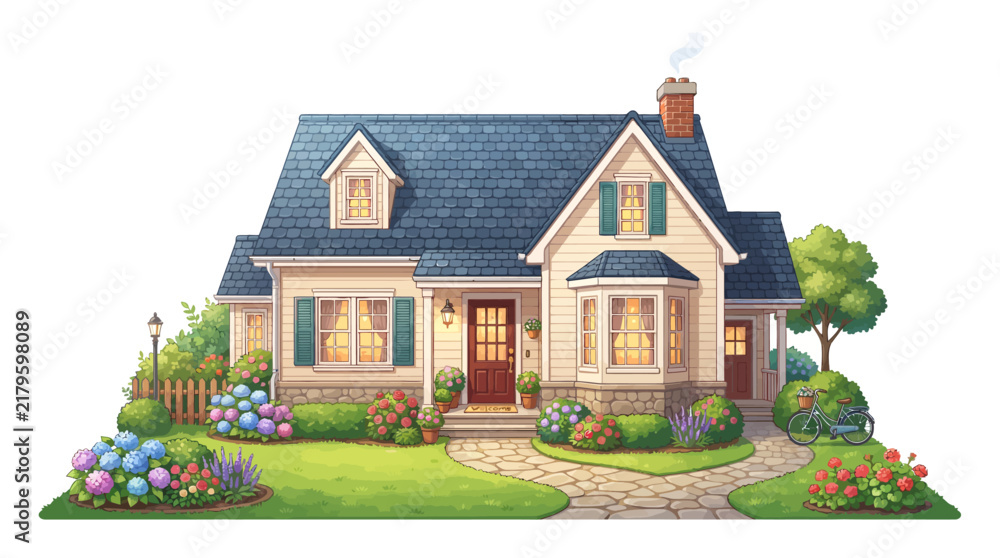 Fototapeta premium Charming Suburban House with Lush Green Garden and Flowers.