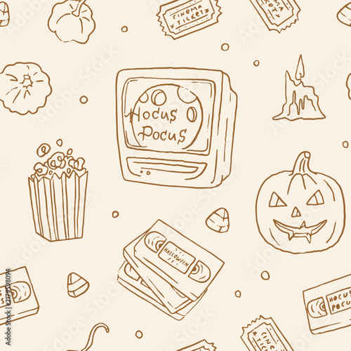 Happy Halloween line art seamless pattern for movie night party. Cute and creepy whimsical background. Hand drawn vector pattern design for digital invitation, wallpapers, wraping paper