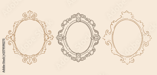 Vintage ornate line art frames collection. Antique whimsical old frames for photo overlays. Elegant border design. Hand drawn vector illustration. Empty frames for your text