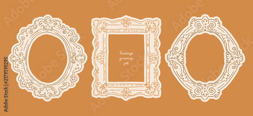 Vintage ornate line art frames collection. Antique whimsical old frames for photo overlays. Elegant border design. Hand drawn vector illustration. Empty frames for your text