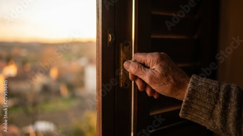 Hand Opening Rustic Window Shutter Overlooking Countryside at Sunset