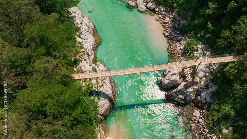 Obraz na plátně Soca River Wooden Suspension Bridge Aerial View Kobarid Slovenia