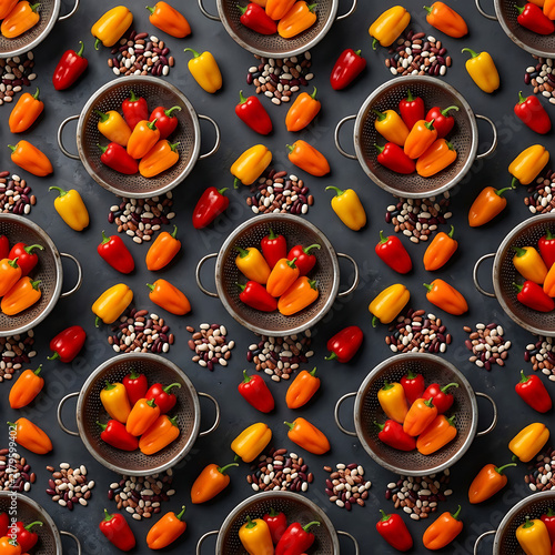Mini Sweet Peppers in Metal Colander Bowls Seamless Kitchen Food Pattern