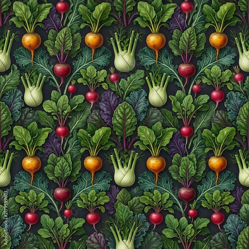 Organic Root Vegetables Seamless Pattern Beetroot Fennel Carrots Lush Green Foliage