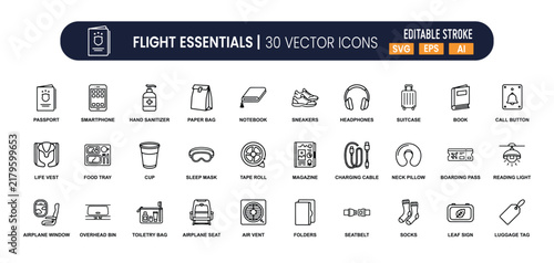 Flight essentials icons set for airline travel including passport smartphone headphones suitcase and airplane window for journey comfort.