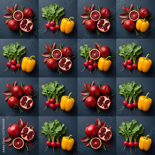 Organic Farm Produce Grid Pattern Red Radish Bell Pepper and Pomegranate Slices