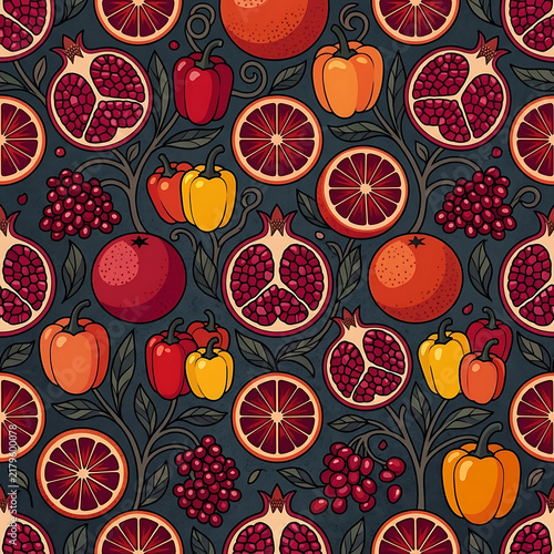 Pomegranate and Blood Orange Citrus Seamless Pattern Dark Botanical Kitchen Design