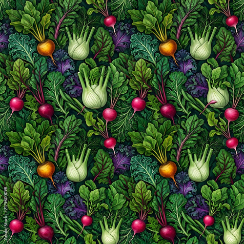 Fresh Organic Root Vegetables Seamless Pattern Beetroot Radish Fennel and Green Foliage