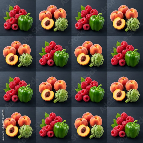 Fresh Fruits and Vegetables Grid Pattern Raspberries Peaches and Green Peppers