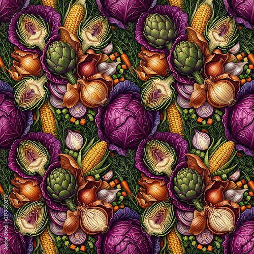 Rustic Harvest Vegetables Seamless Pattern Purple Cabbage Corn Artichoke Texture