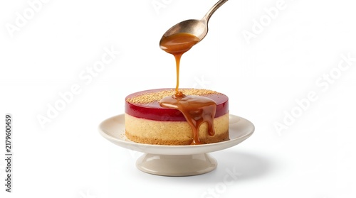 Caramel sauce being poured from a spoon onto a delicious cheesecake with a red fruit glaze isolated on white background