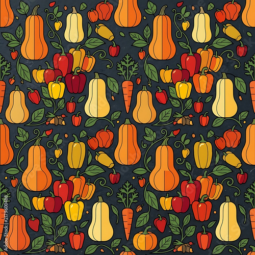 Autumn Harvest Vegetables Seamless Pattern Butternut Squash Pumpkin Bell Pepper