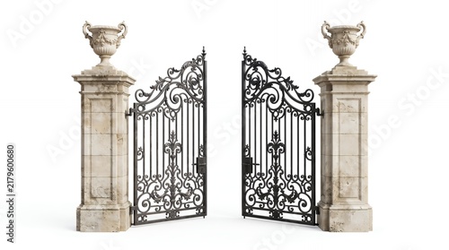 Ornate wrought iron gate with stone pillars and decorative urns isolated on white background