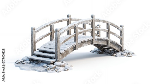 Small wooden arched bridge covered in snow isolated on white background