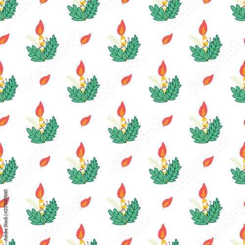 Seamless Holiday Candle Pattern With Evergreen Leaves and Flame Motif For Festive Backgrounds