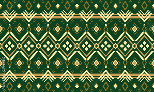 Green and gold geometric ethnic pattern with traditional tribal ornament design.