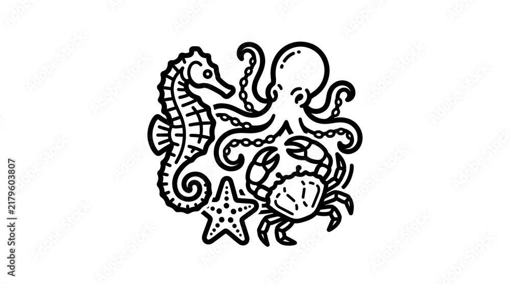 Obraz premium Marine Life Illustration Collection Seahorse Octopus Crab Starfish.