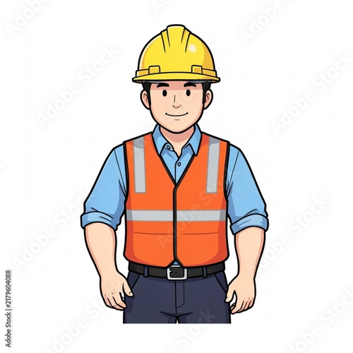 Construction Worker Wearing Yellow Hard Hat and Safety Vest Vector Illustration