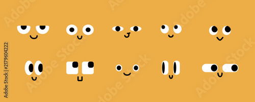 Playful Cartoon Faces And Cute Eyes Collection With Minimal Smiling Expressions On Orange Background. Ideal for children’s designs, stickers, social media and fun branding.
