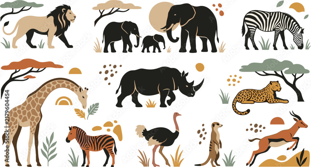 Obraz premium African Safari Animal Vector Set with Lion, Elephant, Zebra, Giraffe, and Rhinoceros in Mid-Century Modern Boho Style