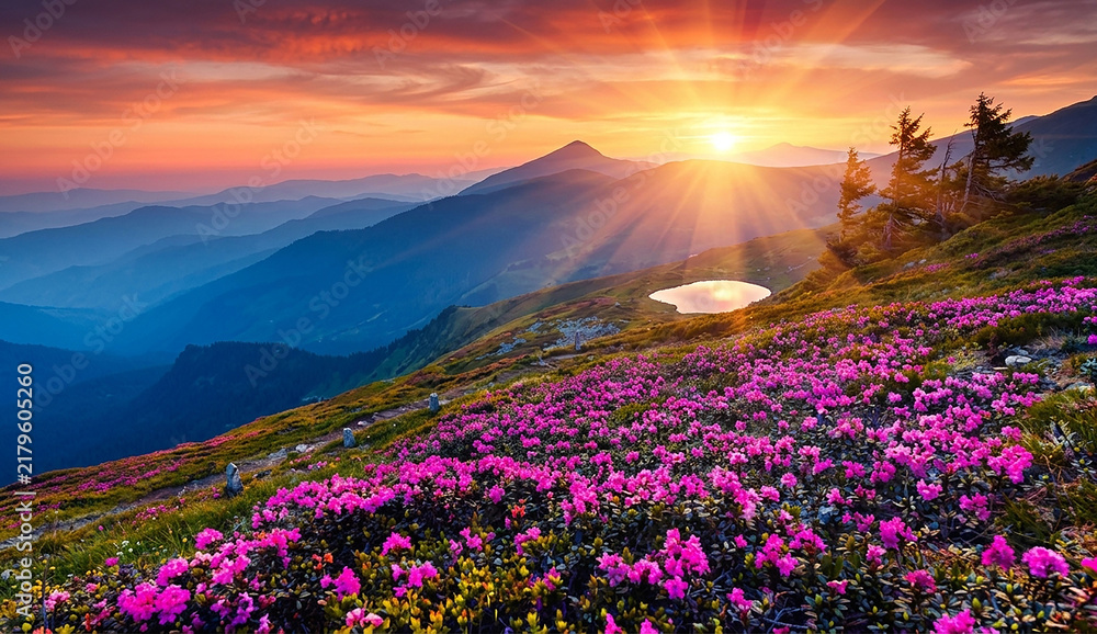 Obraz premium Majestic Mountain Sunrise: A breathtaking panoramic view of majestic mountains at sunrise, with the sun's golden rays bursting through the clouds.