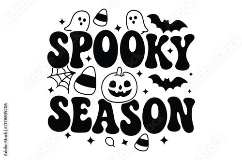 Spooky season svg, Halloween typography with ghosts bats pumpkins and spiderweb on a white background