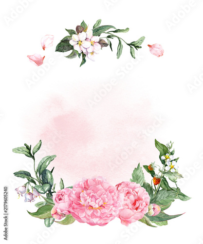 Watercolor floral border with pink peonies, white blossoms, leafy branches, berries, and open center space on white for invitations, banners, stationery, and seasonal layouts.