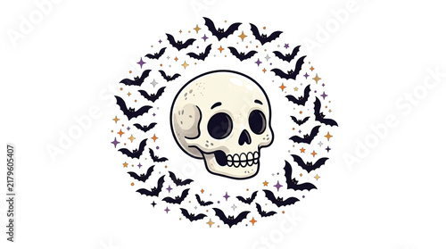 A spooky and charming halloween skull surrounded by bats perfect for festive designs isolated on transparent background