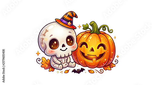 Adorable halloween duo a smiling pumpkin and a cute skull wearing a witch hat isolated on transparent background