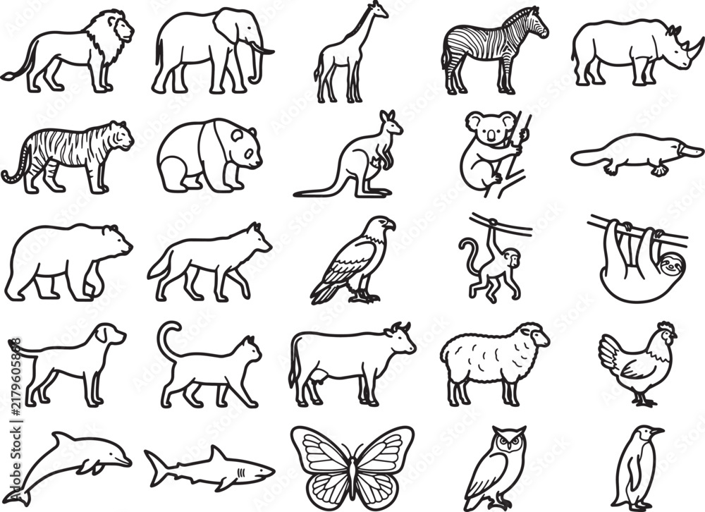 Fototapeta premium A collection of hand-drawn animal illustrations, featuring a lion, elephant, giraffe, zebra, rhino, tiger, panda, kangaroo, koala, platypus, bear, wolf, eagle, monkey, sloth, dog, cat, cow, sheep.