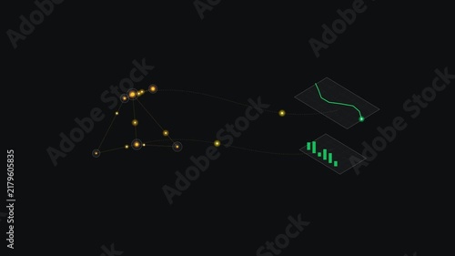 Isometric data visualization concept with nodes, connections, and analytical charts on a dark background