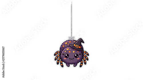 Adorable pixel art spider wearing a witch hat hanging from a thread perfect for halloween designs isolated on transparent background