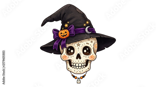 Charming halloween skull wearing a witch hat with a pumpkin perfect for spooky season designs isolated on transparent background