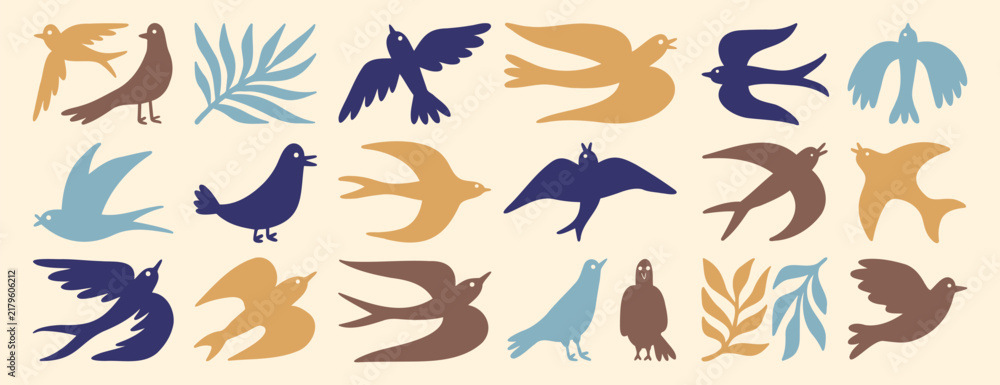 Fototapeta premium spring birds modern art simple silhouette set. boho flying birds clipart cartoon art. 