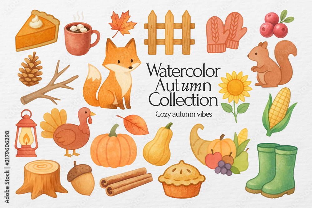 Obraz premium Watercolor autumn collection with fox, pumpkins, and cozy icons