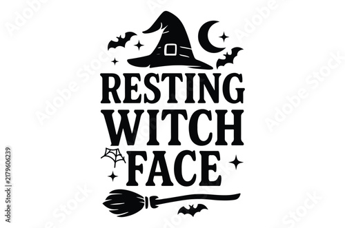 Restins witch face svg, Witch hat crescent moon and bats form a halloween themed vector illustration on a white background