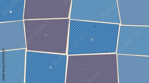 Seamless pattern featuring abstract fabric patches with houndstooth, plaid, polka dot textures, and stitched outlines in warm tones.