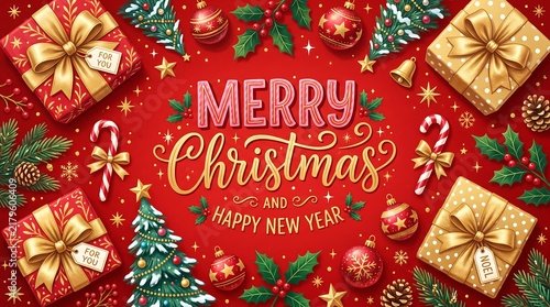 Festive christmas arrangement with gifts ornaments and lettering on a vibrant red background