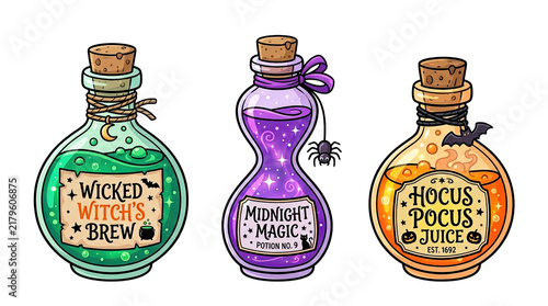 A charming collection of three vintage potion bottles each with a unique label isolated on transparent background