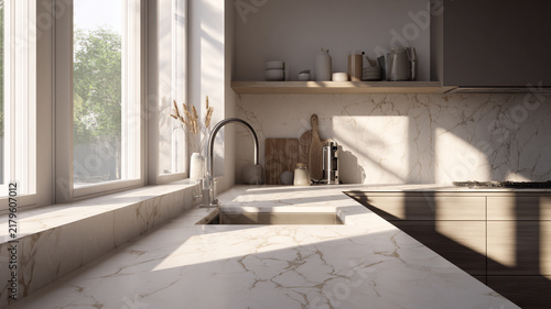 modern minimalist kitchen interior, golden hour sunlight entering through window