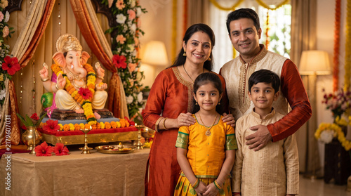 Indian family celebrating traditional family farewell ganesha home festival ritual together