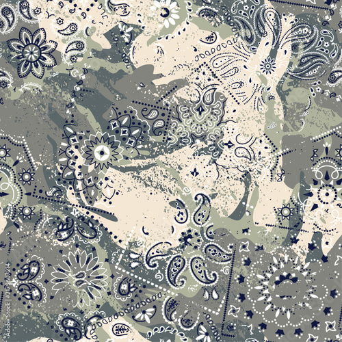 Grunge Paisley patchwork with camouflage background vector seamless pattern for scarf kerchief shirt fabric wallpaper tablecloth pillow shawl 