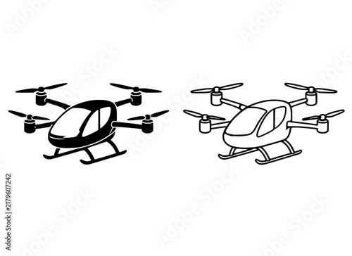 eVTOL Air Taxi and Quadcopter Drone Vector Icons—Solid and Line Art Isometric Symbols for Urban Air Mobility and Futuristic Flight