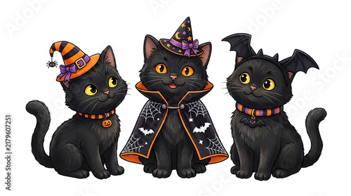Charming halloween black cats in festive costumes a spooky and delightful illustration isolated on transparent background