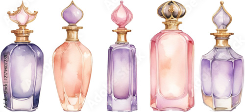 Pastel pink and purple perfume bottles watercolor set isolated on white background