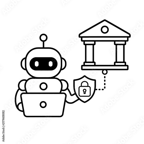 AI banking security and robo advisor assistant icon showing robot with shield protecting bank building